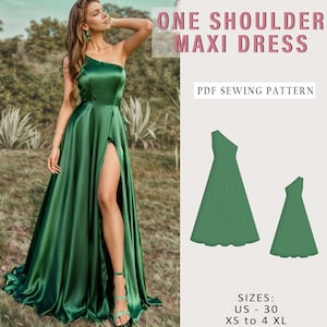 May include: A PDF sewing pattern for a one-shoulder maxi dress. The pattern includes sizes US 0-30 and XS to 4XL. The dress is shown in a green color.