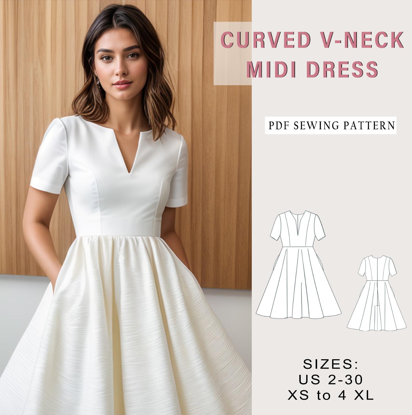 Curved V-Neck Midi Dress Sewing Pattern, Easy Dress Pattern, Cocktail Dress, Evening Dress, Circle Dress Pattern, Prom Dress, XS-4XL