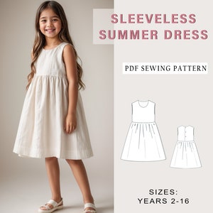 Patrón de vestido de verano sin mangas para niños, patrón de costura de vestido para niños PDF, patrón de costura de vestido para niñas, tamaño A0 A4 US Letter-Girl de 2 a 16 años