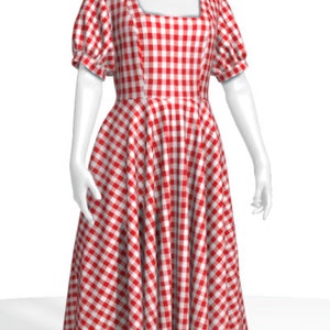 May include: A red and white gingham dress with a square neckline and puffed sleeves.