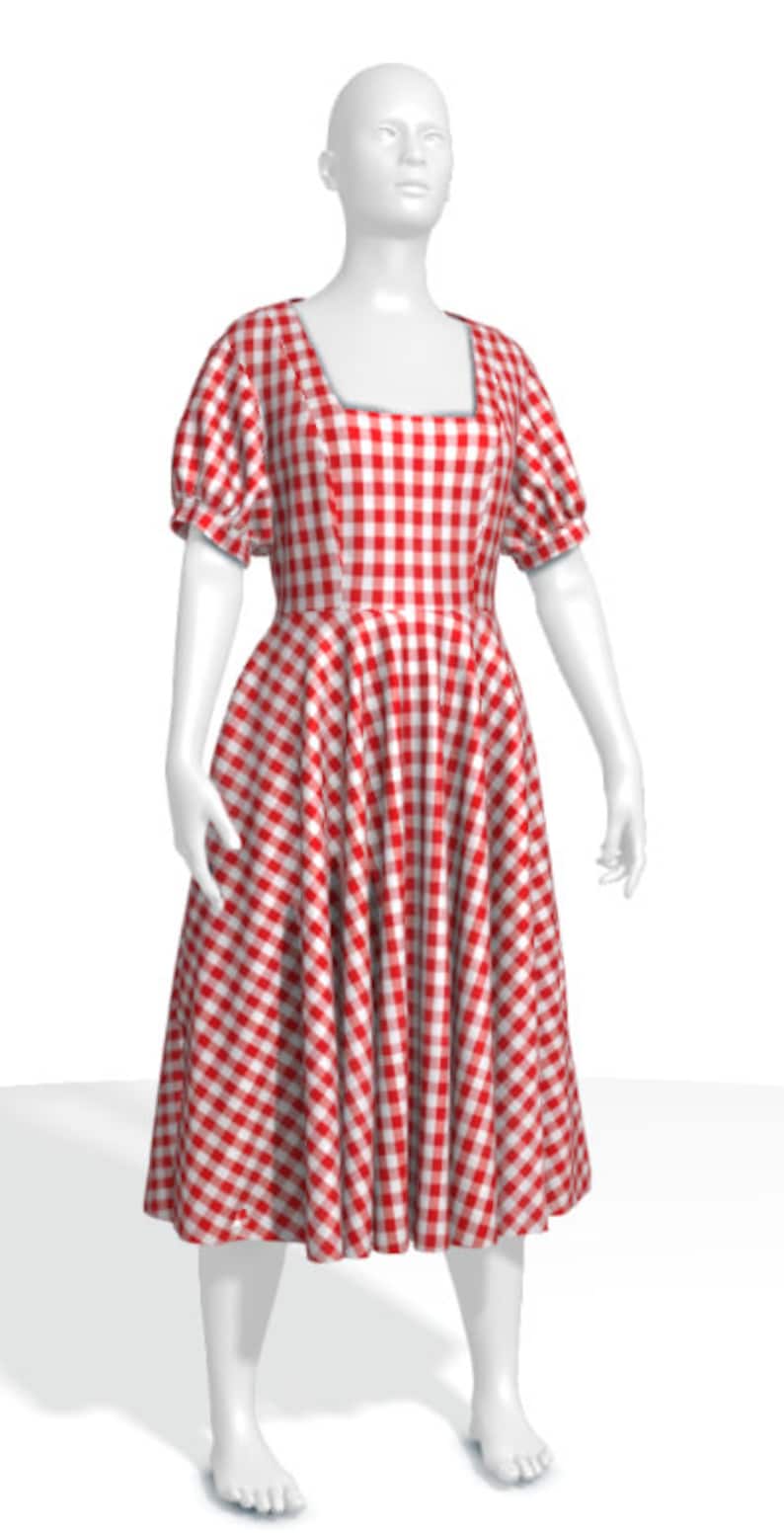 May include: A red and white gingham dress with a square neckline and puffed sleeves.