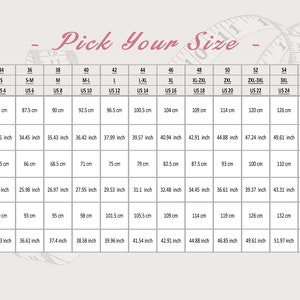 May include: Size chart for clothing with measurements in inches and centimeters. The chart includes EU, International, and US sizes. The chart shows bust, waist, and hip measurements for sizes 32 to 60.