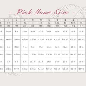 May include: Size chart for clothing with measurements in inches and centimeters. The chart shows sizes from XS to 4XL, with corresponding bust, waist, and hip measurements.