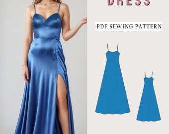 Patrón de vestido de costura con cuello en V, patrón PDF de costura fácil, talla grande de EE. UU. 2-30, vestido de fiesta PDF patrón de costura descarga instantánea, vestido de dama de honor,