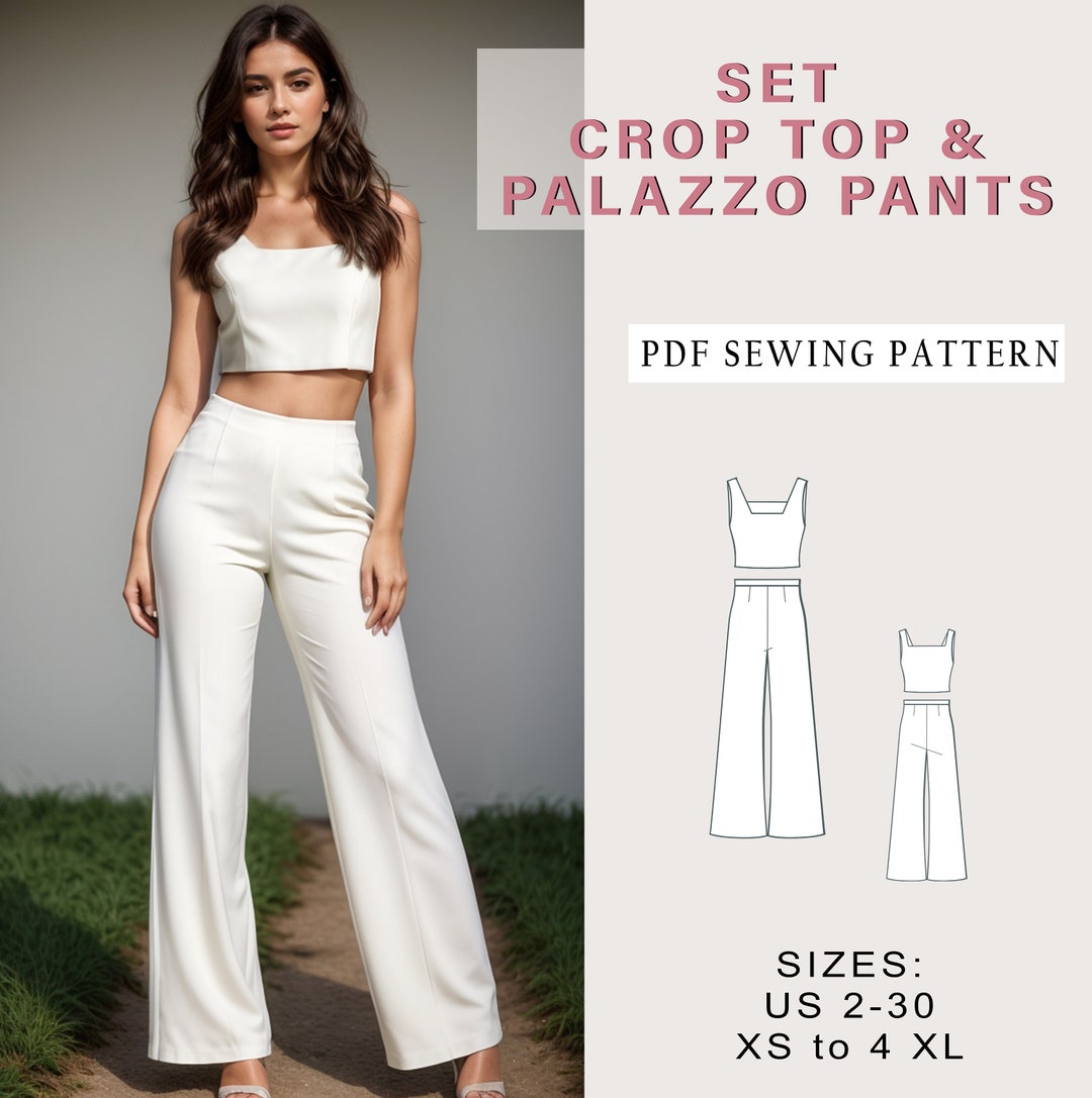 Set Crop Top and Palazzo Pants Pattern, Wide Leg Pants, Trendy Pants ...