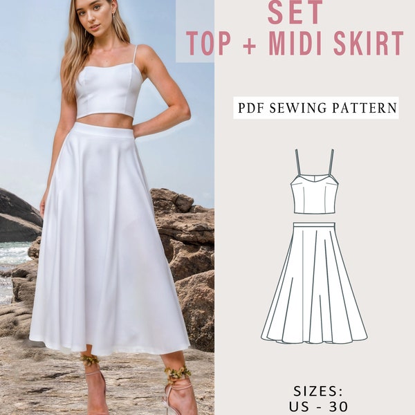 Set Top and Midi Skirt, Cottagecore Vintage Skirt Pattern, Bundle PDF Patterns SEWİNG, set sleveeles top and skirt -US 2 to 30 A0 A4 letter