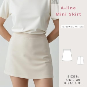 May include: A-line mini skirt in a neutral beige colour. The image shows a person wearing the skirt with a white t-shirt. The text on the image says "A-line Mini Skirt" and "PDF Sewing Pattern". Sizes available are US 2-30 and XS to 4 XL.