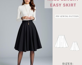 May include: A woman wearing a black knee-length skirt and a white long-sleeved turtleneck. The image includes the text "KNEE LENGHT EASY SKIRT" and "PDF SEWING PATTERN". The skirt pattern sizes range from US 2-30 and XS to 4 XL.