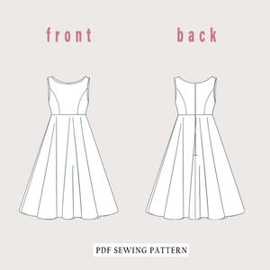 Pu&ograve; includere: Un disegno in bianco e nero di un vestito senza maniche con un corpetto aderente e una gonna ampia. Il vestito ha una cerniera sul retro ed &egrave; etichettato "davanti" e "dietro". L'immagine include il testo "Modello di cucito PDF".