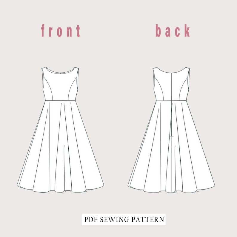Pu&ograve; includere: Un disegno in bianco e nero di un vestito senza maniche con un corpetto aderente e una gonna ampia. Il vestito ha una cerniera sul retro ed &egrave; etichettato "davanti" e "dietro". L'immagine include il testo "Modello di cucito PDF".