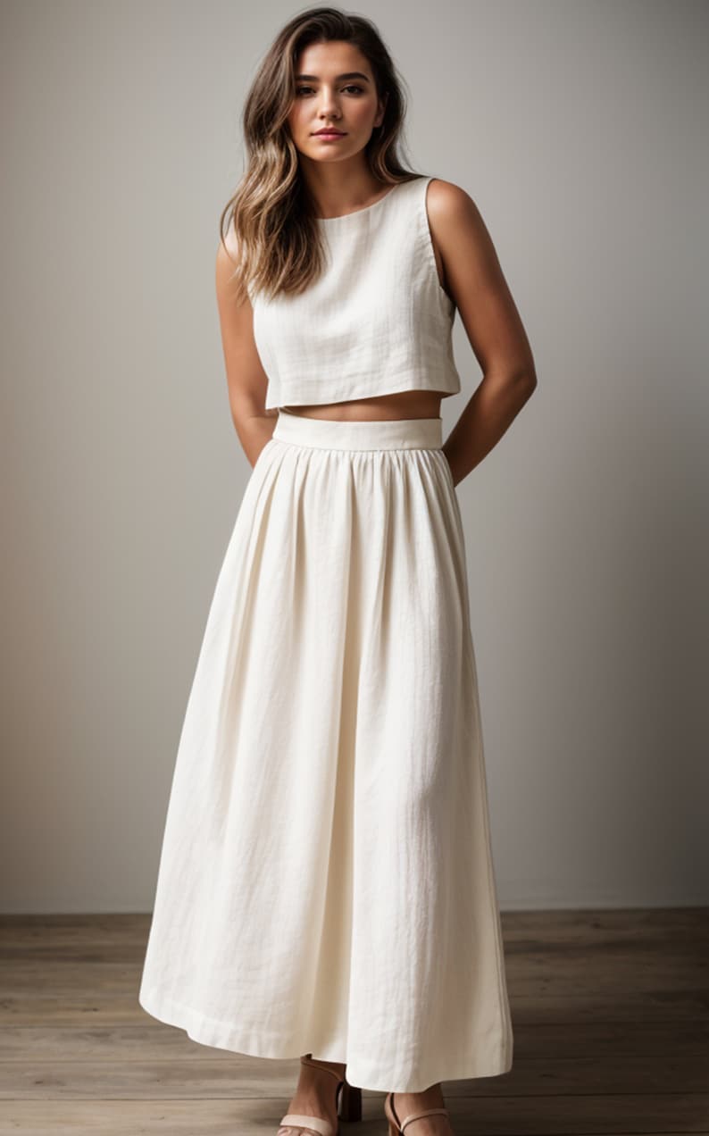 May include: A two-piece cream-colored outfit consisting of a sleeveless crop top and a high-waisted, flowing maxi skirt. The fabric appears to be a textured linen or similar material. The outfit is simple and elegant, suitable for warm weather.