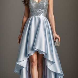 Puede incluir: Un vestido formal azul claro de corte alto-bajo con un corpi&ntilde;o de cuentas y una falda fluida.