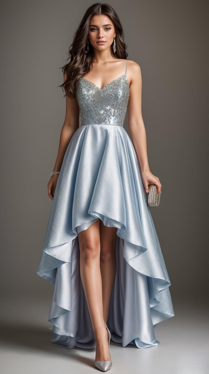 Puede incluir: Un vestido formal azul claro de corte alto-bajo con un corpi&ntilde;o de cuentas y una falda fluida.