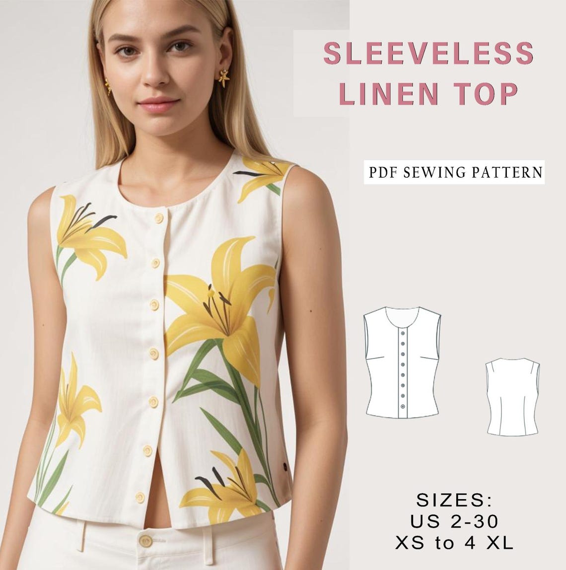 Sleeveless Linen Top Sewing Pattern: Basic A-line Design (XS-4XL ...