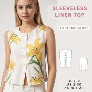 Sleeveless Linen Top Sewing Pattern: Basic A-line Design (XS-4XL ...