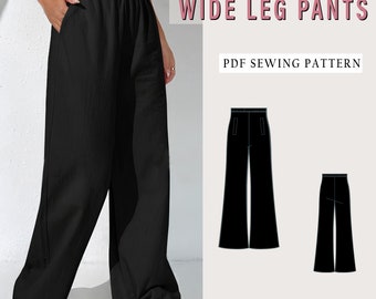 Elastic waist pants, PDF Sewing Pants,, Women sewing pattern, Easy sew pants, wide leg pants, pants pattern, summer pants, A0 A4 LETTER PDF