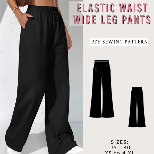 Elastische Taille Hose, PDF Nähanleitung, Damen Schnittmuster, Einfach nähen Hose, Hose mit weitem Bein, Hosen Schnittmuster, Sommerhose, A0 A4 LETTER PDF