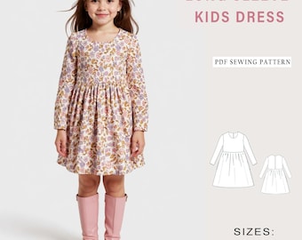 May include: A young girl wearing a long-sleeved floral dress and pink boots. The dress has a round neckline and a gathered skirt. Text on the image reads "LONG SLEEVE KIDS DRESS" and "PDF SEWING PATTERN". The dress pattern is available in sizes for years 2-16.