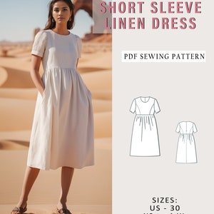 May include: A PDF sewing pattern for a short-sleeve linen dress. The pattern includes sizes US 0-30, XS to 4XL. The dress is shown on a model in a desert setting.