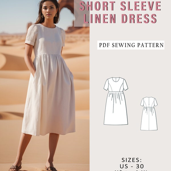 Short Sleeve Linen Midi Dress, Pocketed Linen dress Pattern, Summer Linen Dress Pattern,Spring Dress Pattern,Women Dress Pattern , A0 A4 US