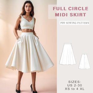 以下が含まれることがあります： 白いフルサークルミディスカートの縫製パターン。パターンには、USサイズ2〜30、XS〜4XLが含まれています。パターンは、モデルが着用した白いスカートに表示されています。