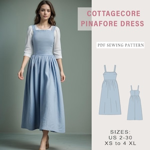 Cottagecore Pinafore Dress Sewing Pattern, Overall Dress, Cottagecore Dress pattern, Milkmaid Dress, Apron Pattern, Pinafore Dress, XS-4XL