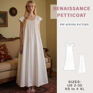 May include: A white Renaissance petticoat sewing pattern. The pattern includes sizes US 2-30, XS to 4XL. The pattern is shown on a white petticoat worn by a model.