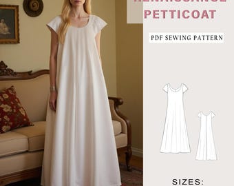 May include: A white Renaissance petticoat sewing pattern. The pattern includes sizes UK 6-34, XS to 4XL. The pattern is shown on a white petticoat worn by a model.