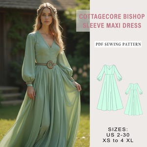 May include: A PDF sewing pattern for a cottagecore maxi dress with bishop sleeves. The pattern includes instructions for sizes US 2-30, XS to 4XL.