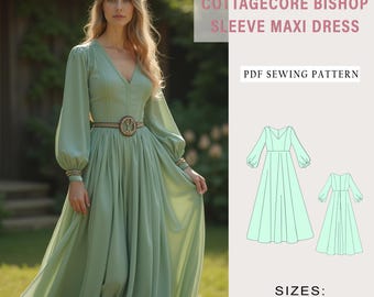 Cottagecore Bishop Sleeve Maxi Dress Sewing Pattern (PDF Pattern)