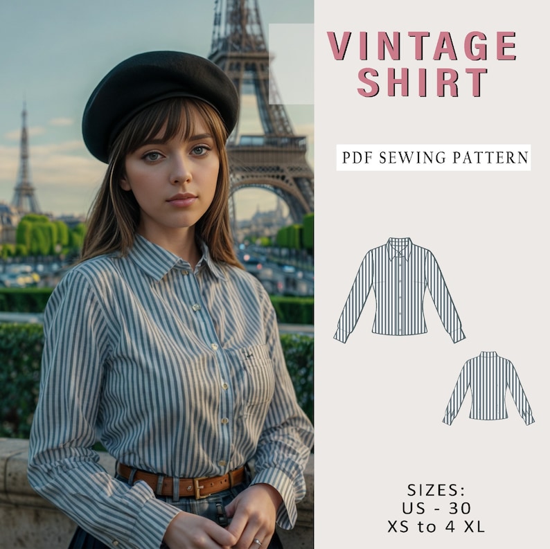 Pu&ograve; includere: Una camicia a righe con una piccola tasca, abbinata a un basco nero. L'immagine include il testo "VINTAGE SHIRT" e "PDF SEWING PATTERN". Il modello di camicia &egrave; disponibile nelle taglie US 30, XS a 4XL.
