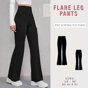 Puede incluir: Un patrón de costura PDF para pantalones de pierna acampanada. El patrón incluye las tallas US 30, XS a 4XL. La imagen muestra un pantalón negro de pierna acampanada en una modelo y un dibujo de línea del pantalón en dos tallas.