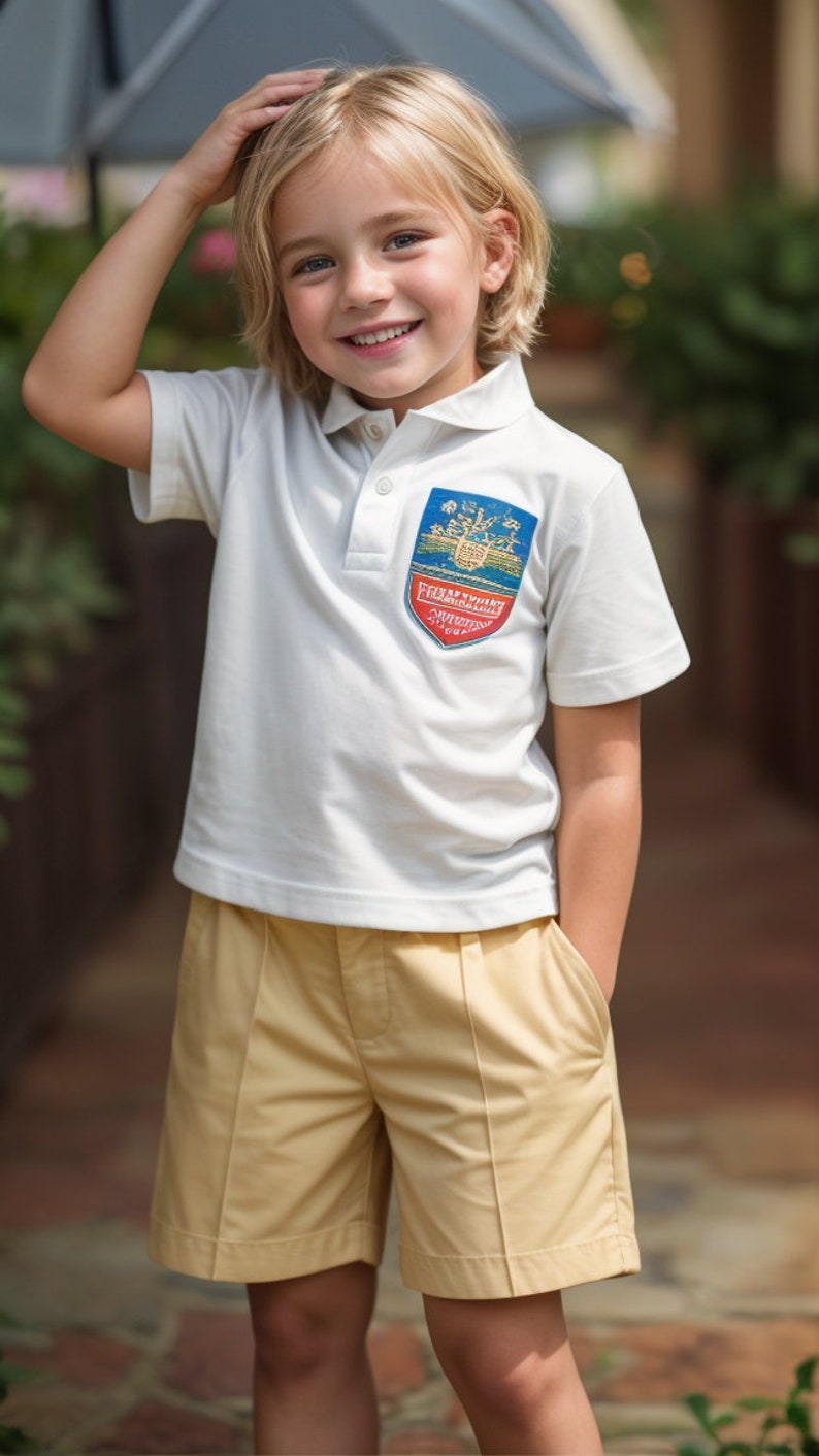 Puede incluir: Una persona joven lleva una camiseta polo blanca con un parche bordado azul y rojo que dice "Franklinville Academy" y pantalones cortos color caqui.