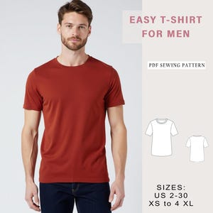以下が含まれることがあります： 簡単なTシャツのPDF縫製パターン。パターンには、US 2-30、XSから4XLのサイズが含まれています。画像には、さび色のTシャツを着た男性と、Tシャツパターンの線画が示されています。