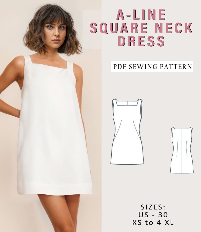 Pu&ograve; includere: Modello di cucito per abito a trapezio con scollo quadrato in formato PDF. Il modello comprende le taglie IT 38 XS a 48 XL.