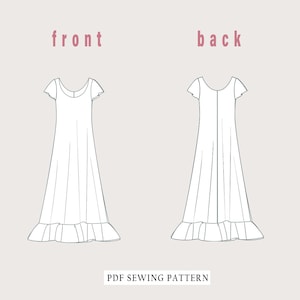 May include: A black and white line drawing of a dress sewing pattern. The pattern includes a front and back view of a dress with short sleeves and a ruffled hem. The text "front" and "back" are labeled above each view. The text "PDF Sewing Pattern" is at the bottom of the image.