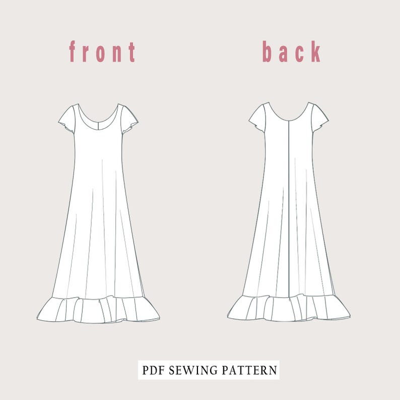 May include: A black and white line drawing of a dress sewing pattern. The pattern includes a front and back view of a dress with short sleeves and a ruffled hem. The text "front" and "back" are labeled above each view. The text "PDF Sewing Pattern" is at the bottom of the image.