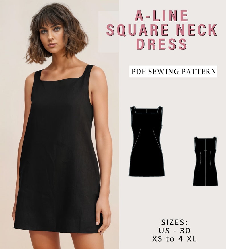 Pu&ograve; includere: Modello di cucito per abito a linea A con scollo quadrato in nero. Il modello comprende le taglie italiane 38-52, XS a 4XL. Modello di cucito PDF.