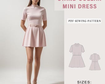 Stand Collar Mini Dress Sewing Pattern (PDF)