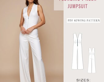 Plunging V-Neck Jumpsuit Sewing Pattern: Wide Leg, US Sizes 2-30 (PDF Pattern)