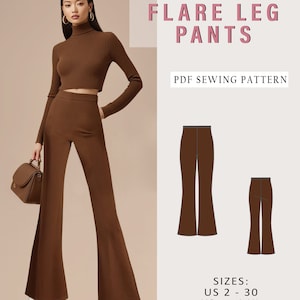 May include: A PDF sewing pattern for flare leg pants. The pattern includes sizes US 2-30, XS to 4XL. The image shows a brown pair of pants on a model and a line drawing of the pants.