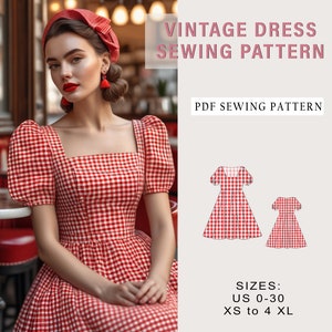 May include: A red and white gingham vintage dress sewing pattern. The pattern includes sizes US 0-30 and XS to 4XL. The pattern is available as a PDF download.  "Vintage Dress Sewing Pattern" and "PDF Sewing Pattern" are written in white text on a pink background.