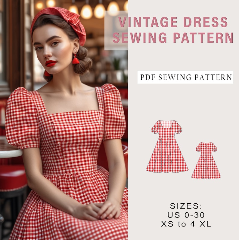 May include: A red and white gingham vintage dress sewing pattern. The pattern includes sizes US 0-30 and XS to 4XL. The pattern is available as a PDF download.  "Vintage Dress Sewing Pattern" and "PDF Sewing Pattern" are written in white text on a pink background.