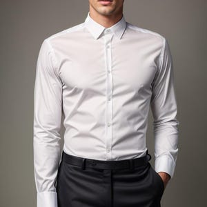 Może przedstawiać: Biała koszula z długim rękawem, kołnierzykiem zapinanym na guziki i czarnym paskiem.