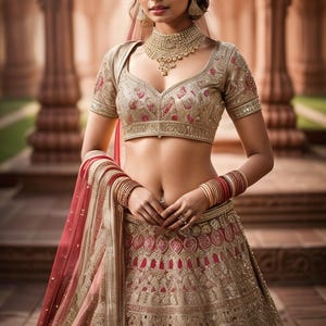 May include: A woman wearing a gold and pink embroidered lehenga with a red dupatta. She is wearing a gold necklace and earrings.