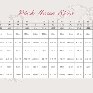 May include: Size chart with bust, waist, and hip measurements in inches and centimeters. Includes EU and US sizes from XS to 4XL+. The chart is labeled "Pick Your Size" in a decorative font.