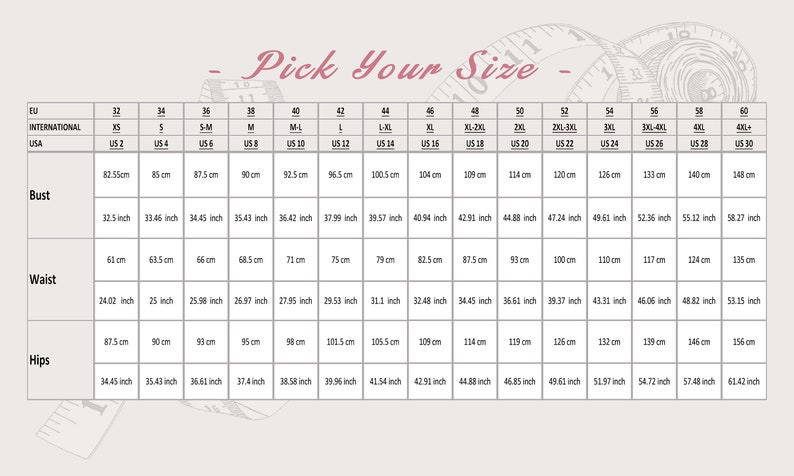 May include: Size chart with bust, waist, and hip measurements in inches and centimeters. Includes EU and US sizes from XS to 4XL+. The chart is labeled "Pick Your Size" in a decorative font.