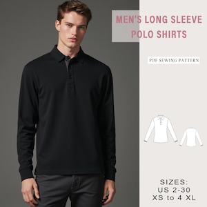 May include: A black long-sleeve polo shirt sewing pattern. The pattern includes sizes US 2-30, XS to 4XL. The pattern is for men's long-sleeve polo shirts.
