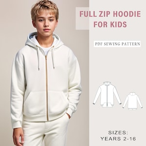 Kids Full Zip Hoodie Sewing Pattern, Sweatshirt Pattern for Boys, Jumper Sewing Pattern, Sewing Pattern for Kids,Unisex Hoodie for Kids,2-16