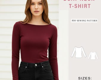 Long Sleeve T-Shirt Sewing Pattern | Boat Neck Fitted Top for Women | Basic Wardrobe Essential | Easy PDF Pattern | XS–4XL